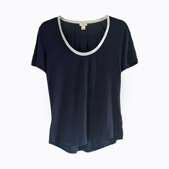 J.Crew Navy T-Shirt Tee Sz S Ivory Satin Trim Scoop Neck Casual Y2K 90s Preppy - Picture 1 of 6